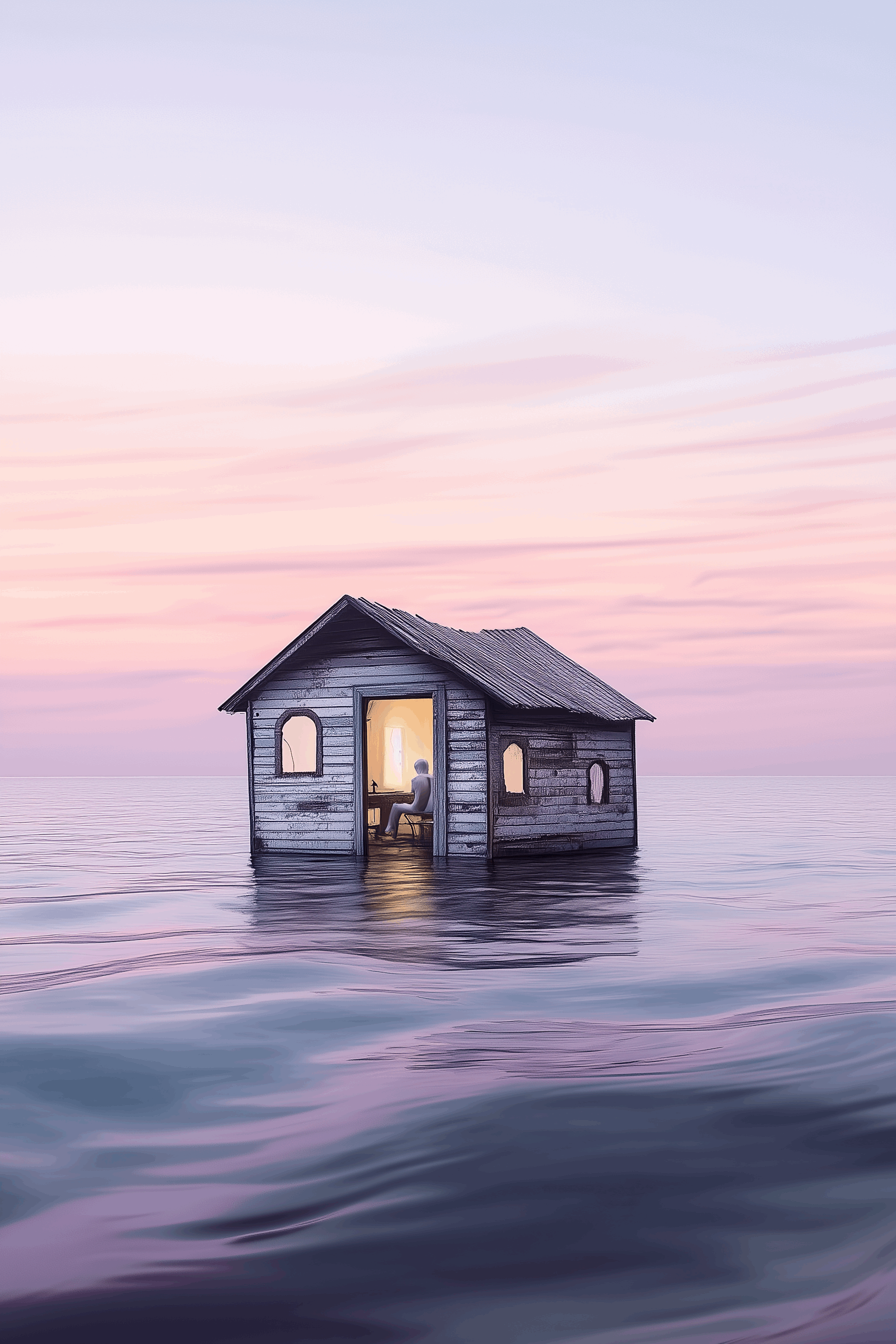 Peinture artistique - Maison flottante entre ciel et mer